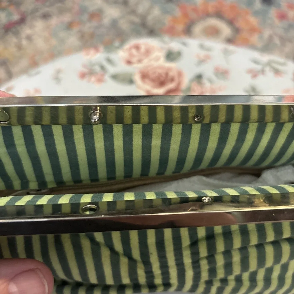 Adriana Cara's Green Striped Velvet Clutch Wristlet‎ Purse. Magnetic Closure.